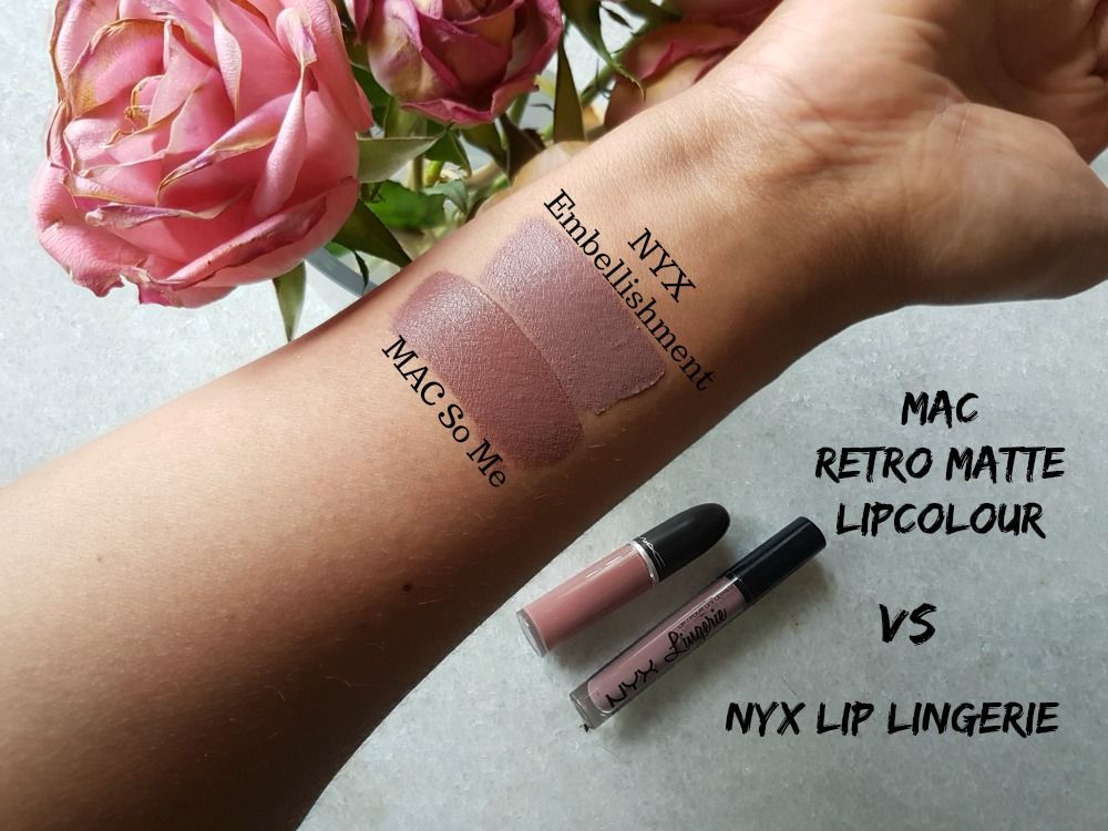 Nudes: MAC Lipstick So Me vs NYX lipstick Embellishment